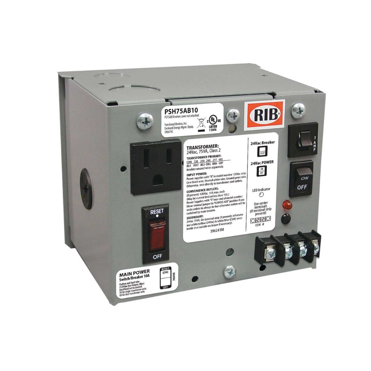 PSH100AB10: Enclosed Single 100VA 120 To 24VAC UL Class 2 Power Supply 10A Main Breaker