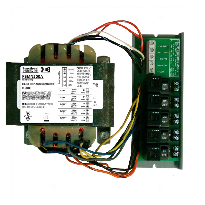 PSMN500A: Track Mount Single 500VA Power Supply with Five 100VA Class 2 Outputs, 480/277/240/120Vac to 24Vac