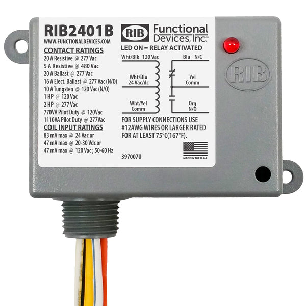 RIB2401B: Enclosed Relay 20Amp SPDT 24VAC/DC/120VAC