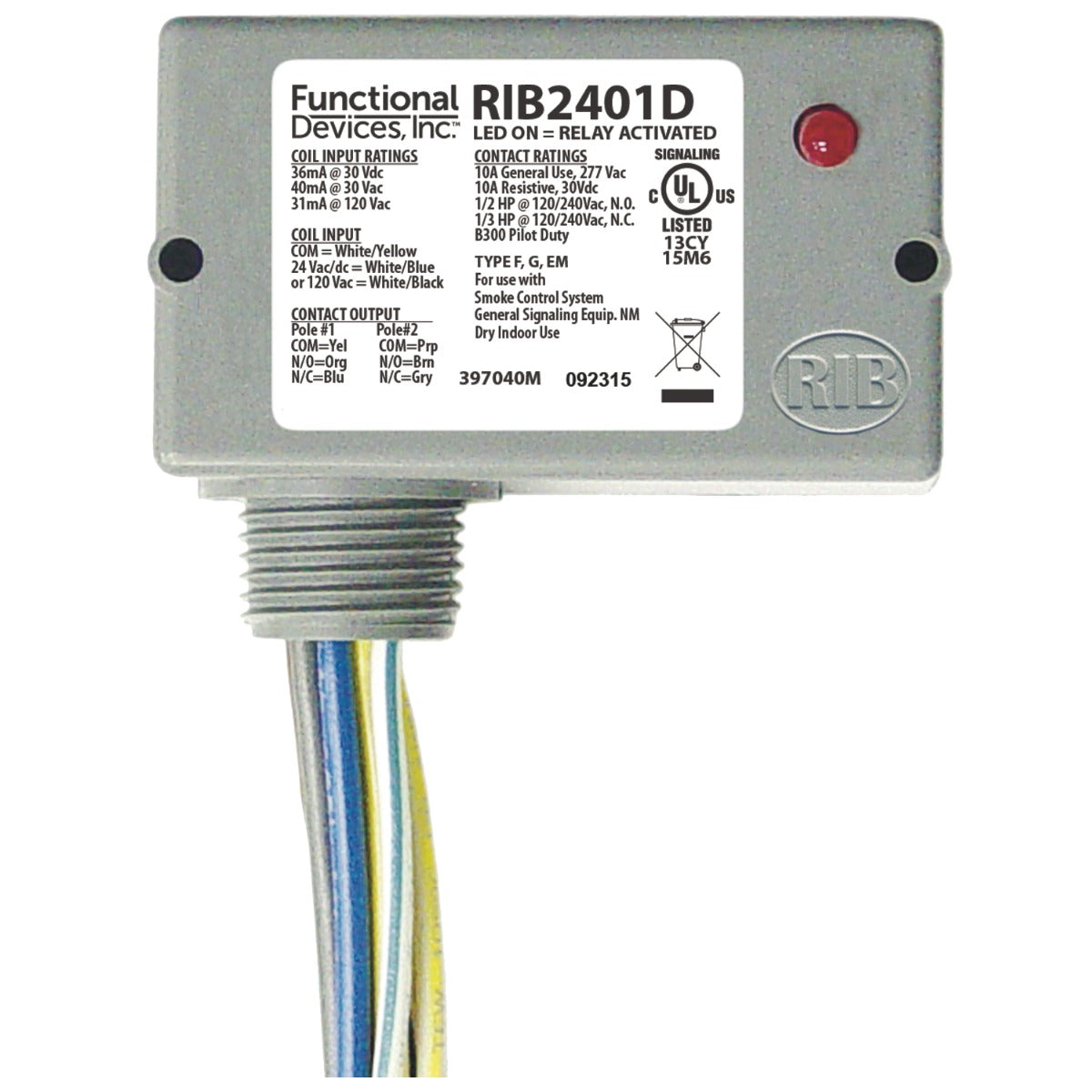 RIB2401D: Enclosed Relay 10Amp DPDT 24VAC/DC/120VAC