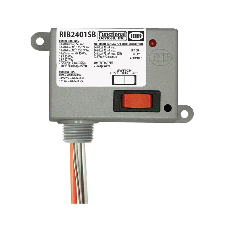 RIB2401SB: Enclosed Relay 20Amp SPST-NO + Override 24VAC/DC/120VAC