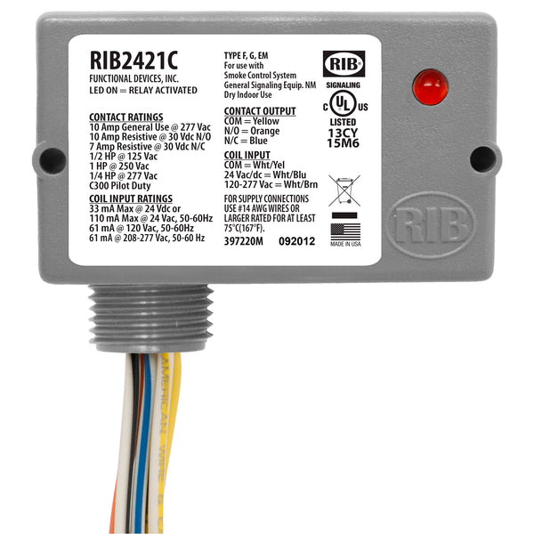 RIB2421C: Enclosed Relay 10Amp SPDT 24VAC/DC/120-277VAC