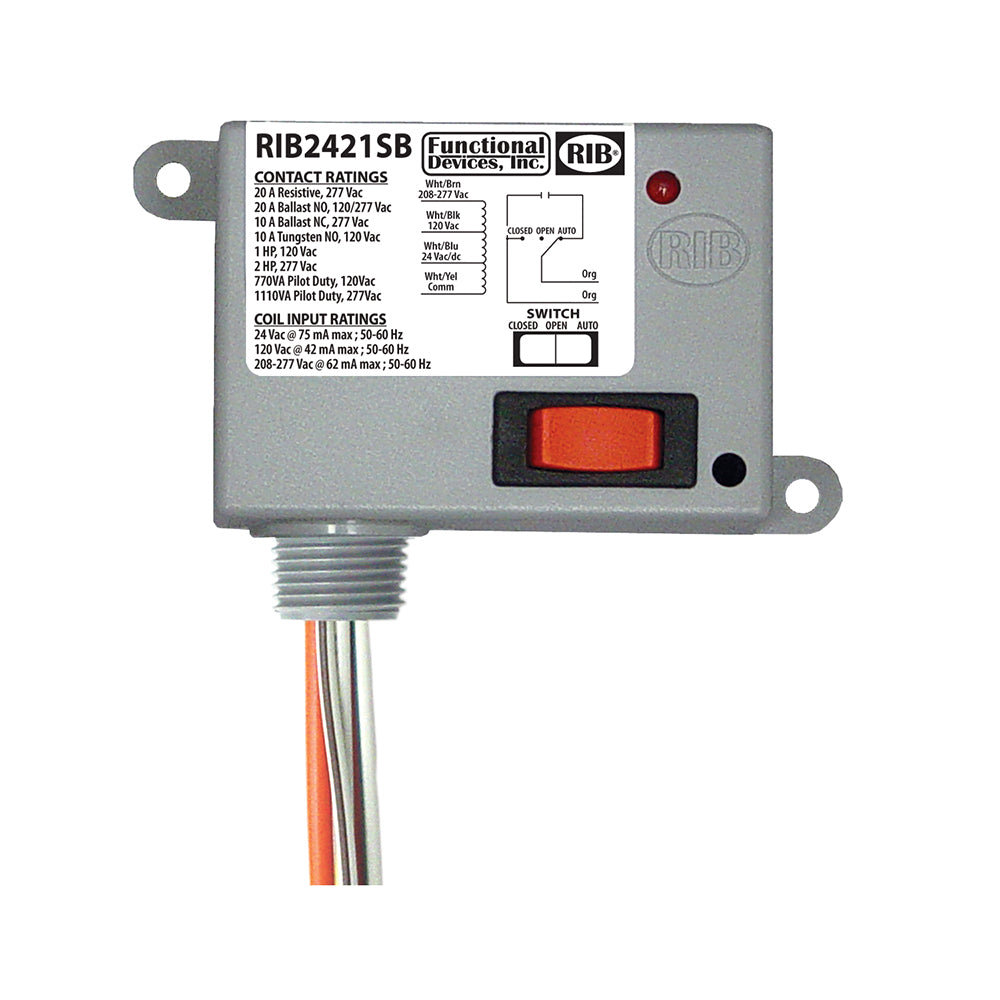 L24sbm Rib Relay RIB2421SB: Enclosed Relay, 20 Amp, SPST-N/O + Override