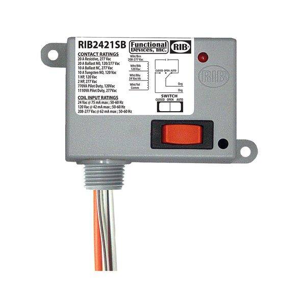 RIB2421SB: Enclosed Relay 20Amp SPDT-NO + Override 24VAC/DC/120VAC/208-277VAC