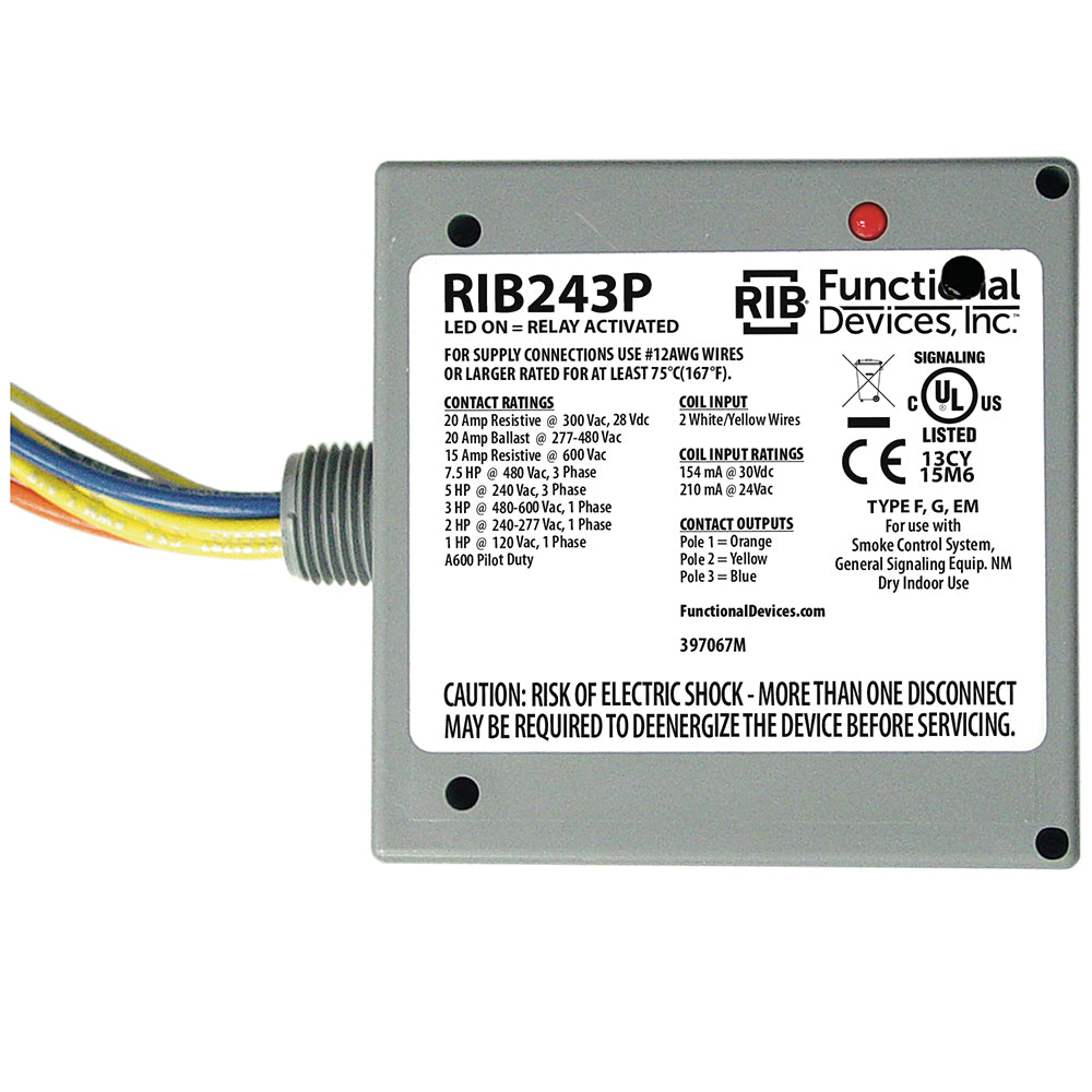 RIB243P: Enclosed Relay 20Amp 3PST 24Vac/dc