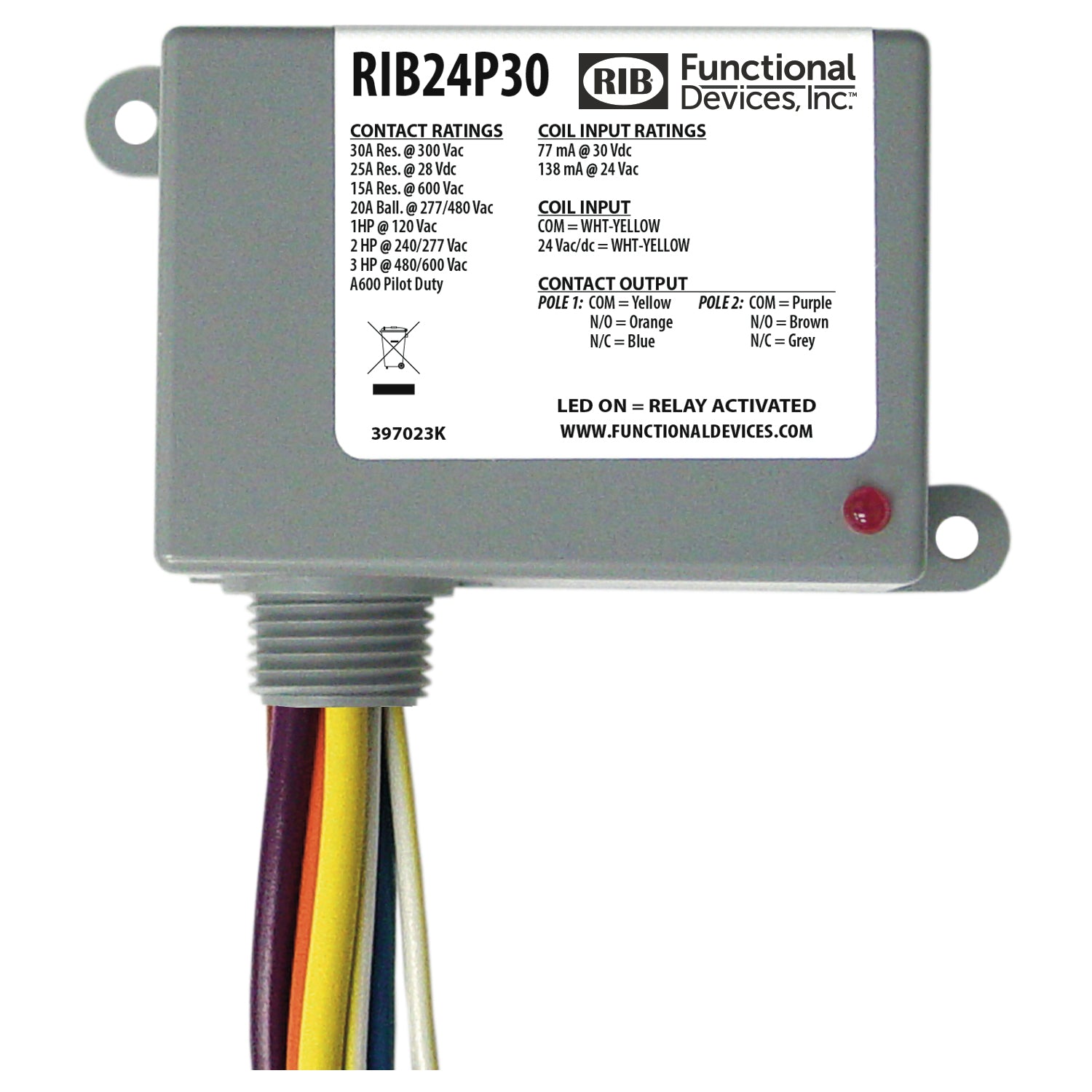 RIB24P30: Enclosed Relay 30Amp DPDT 24VAC/DC