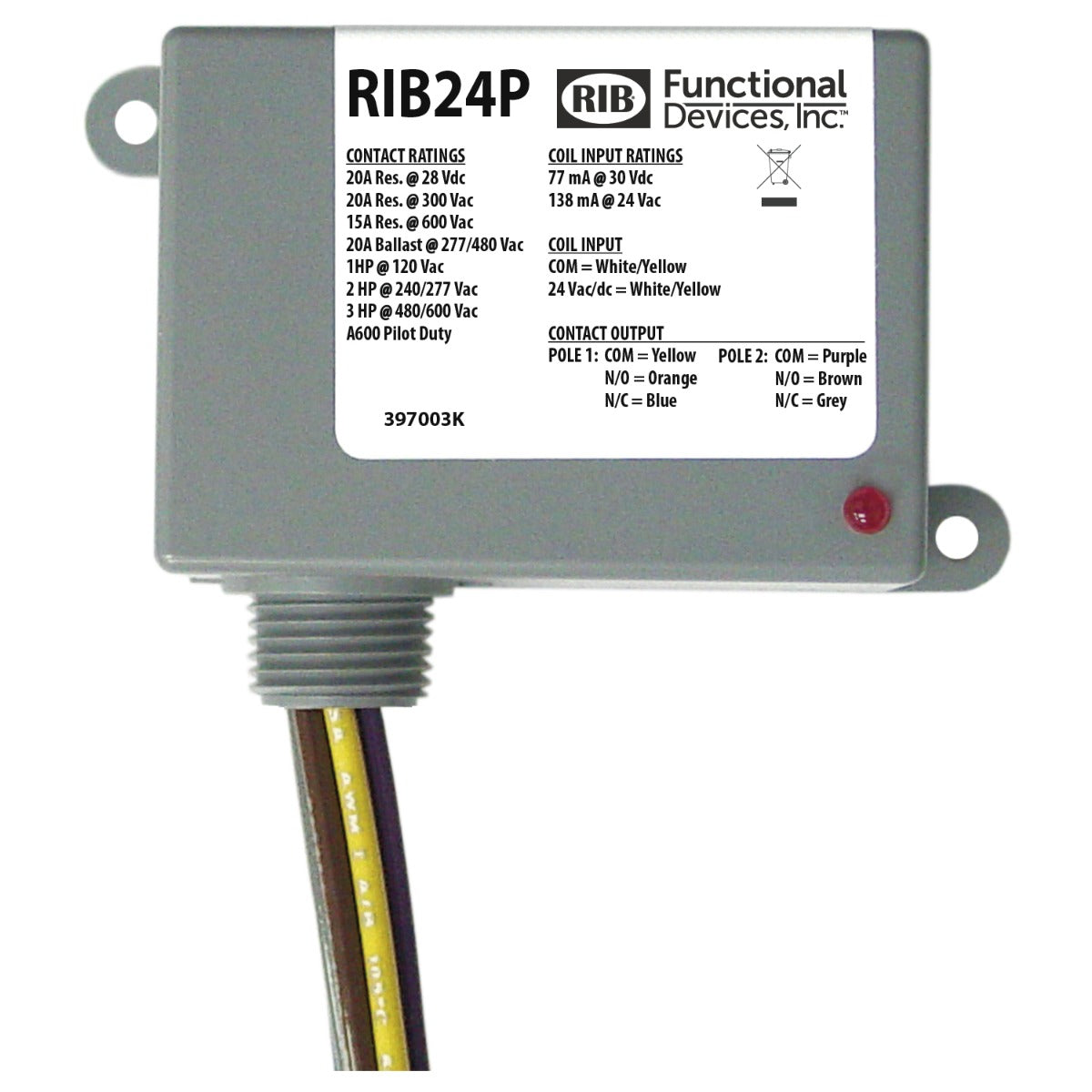 RIB24P: Enclosed Relay 20Amp DPDT 24VAC/DC