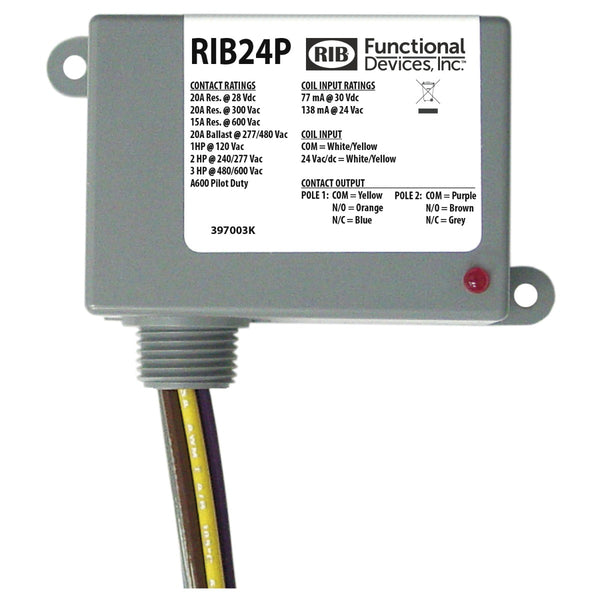 RIB24P: Enclosed Relay 20Amp DPDT 24VAC/DC