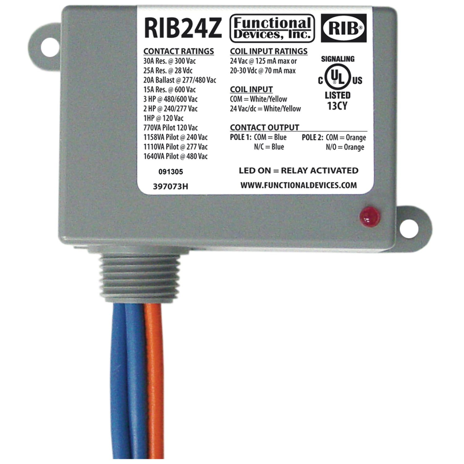 L24sbm Rib Relay RIB24Z: Enclosed Relay 30Amp SPST-NO + SPST-NC 24VAC/DC