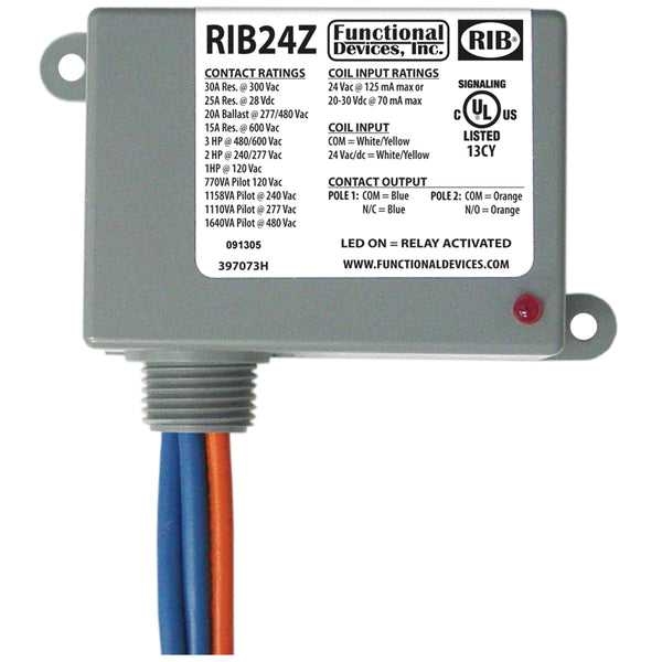 RIB24Z: Enclosed Relay 30Amp SPST-NO + SPST-NC 24VAC/DC