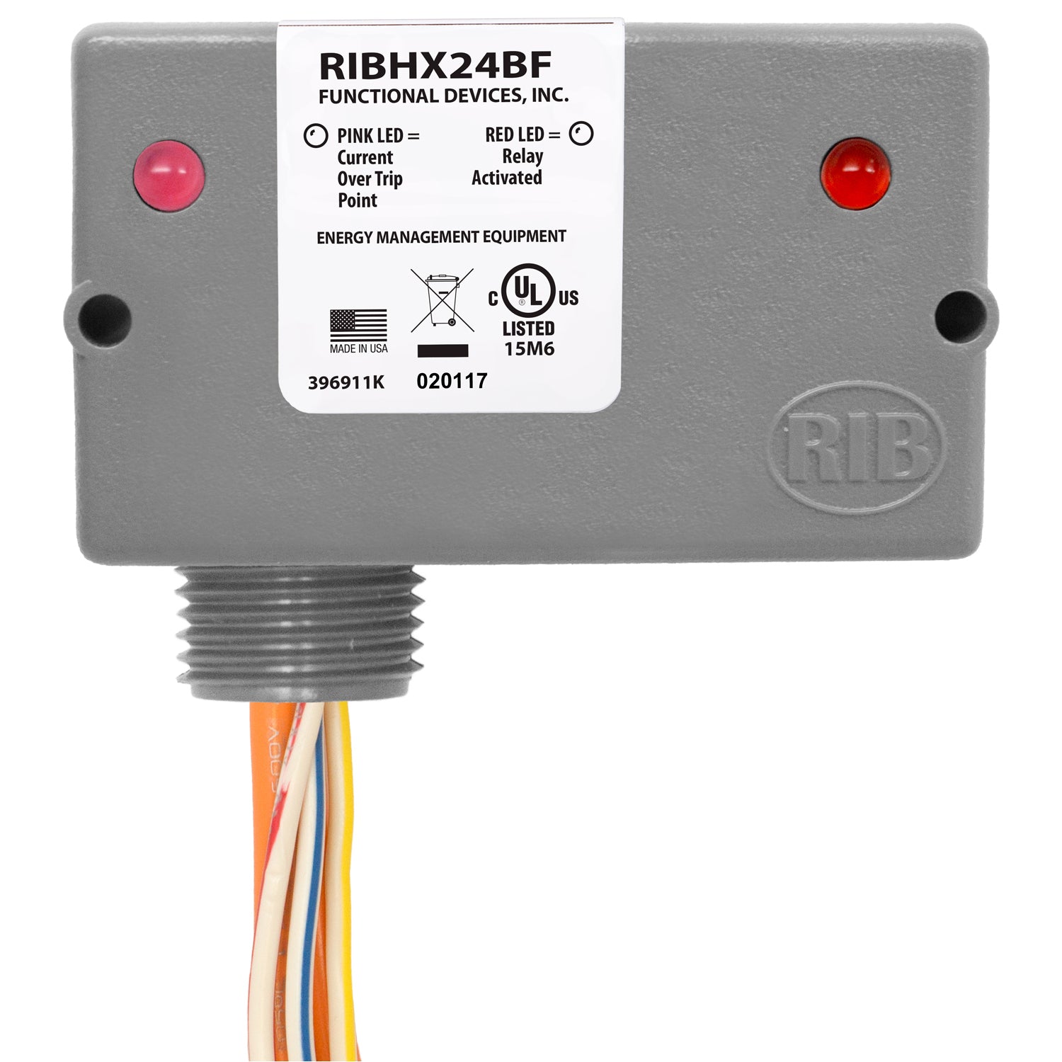 RIBHX24BF: Enclosed Relay/AC Sensor 20Amp SPST-NO 24VAC/DC, Mini Rib Hsg