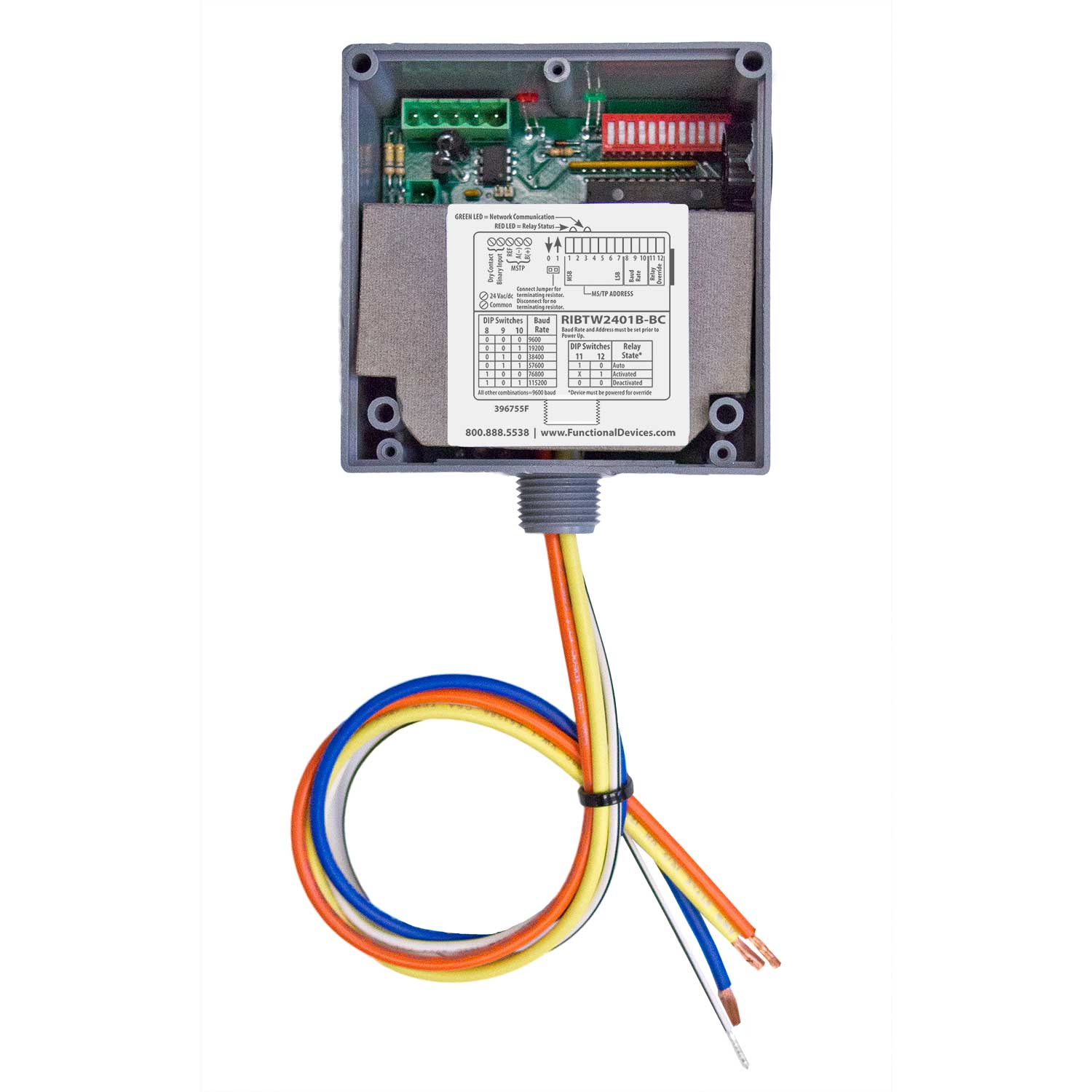 RIBTW2401B-BC: BacNet Enclosed Relay 20Amp SPDT 24Vac/dc/120Vac with 1 digital input