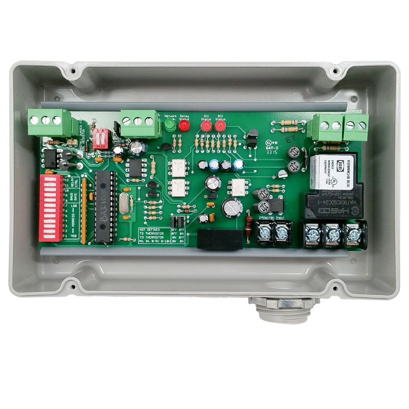 RIBTW24B-BCAI: Enclosed BACnet MS/TP Network Relay Device; One Binary Output (20 Amp Relay SPDT); Two Binary Inputs;One Analog Input;24 Vac/dc Power Input