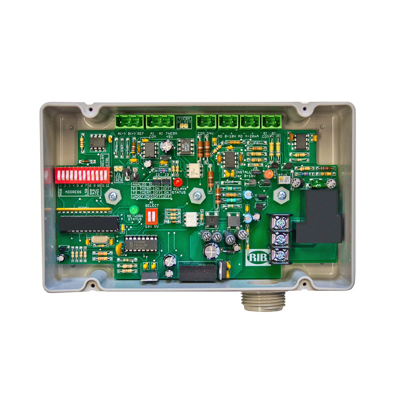 RIBTW24B-BCAO: BACnet MS/TP Network Relay Device; One Binary Output (20 Amp Relay SPDT + Override); One Binary Input (Dry Contact, Class 2); One Analog Voltage