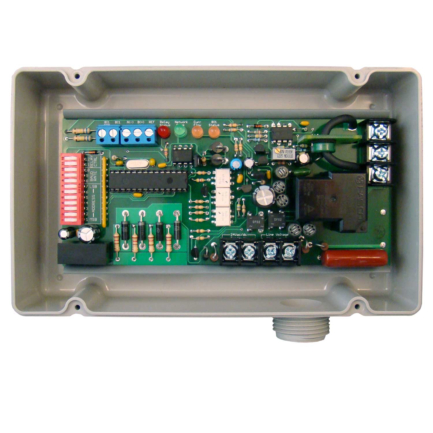 RIBTWX2401B-BC: BacNet Enclosed Relay Hi/Low sep 20Amp 24Vac/dc or 120Vac current sense