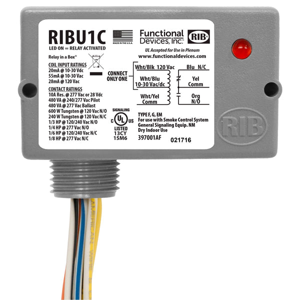 RIBU1C: Enclosed Relay 10Amp SPDT 10-30VAC/DC/120VAC