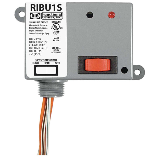 RIBU1S: Enclosed Relay 10Amp SPST-NO + Override 10-30VAC/DC/120VAC