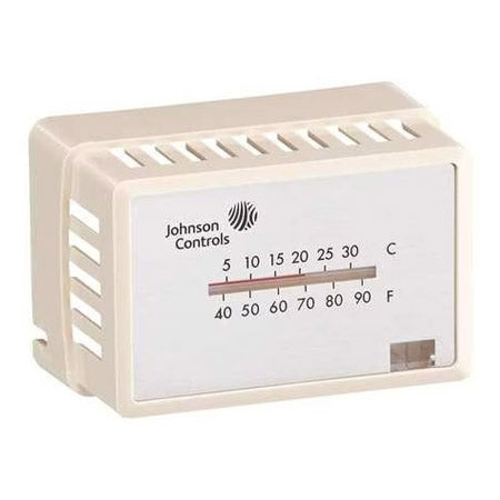 T-4000-2142: Beige Plastic Cover for Horizontal Mounted Thermostats with Johnson Controls Logo, Thermometer, and 1 Set Point Window