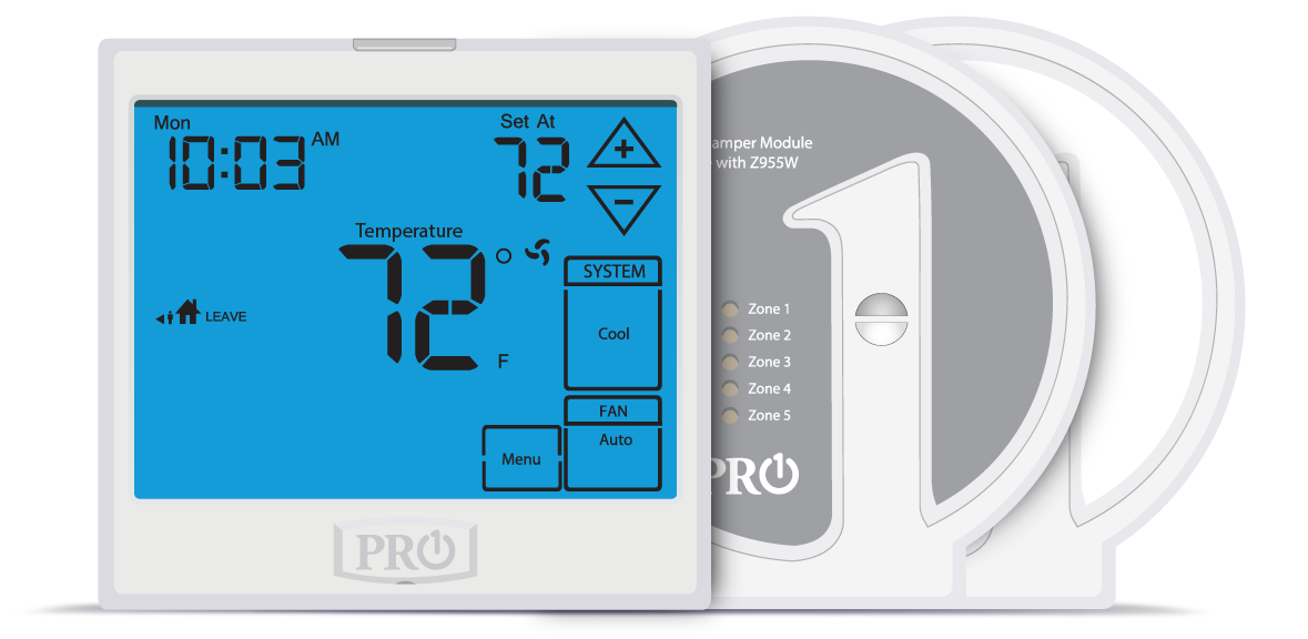 Z955W: Master Zoning Control - Wirelessly communicates with equipment module, damper module and zone sensors.  3H/2C, 5+1+1, 7D or Non-programmable.